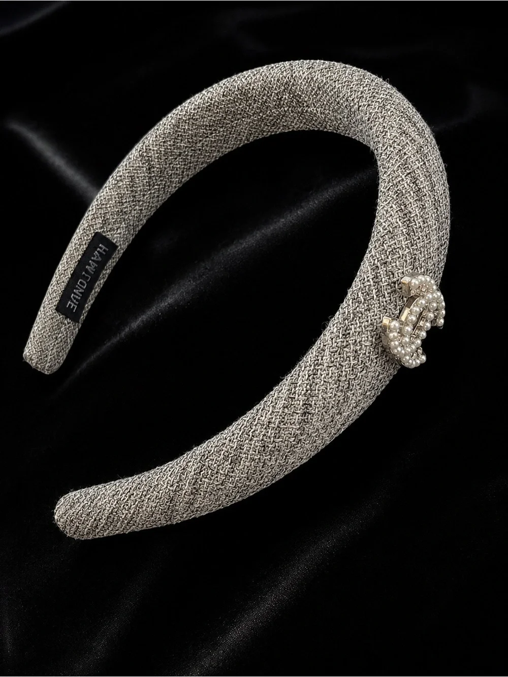 Gray Tweed Headband with Pearl Embellished CC Accent
